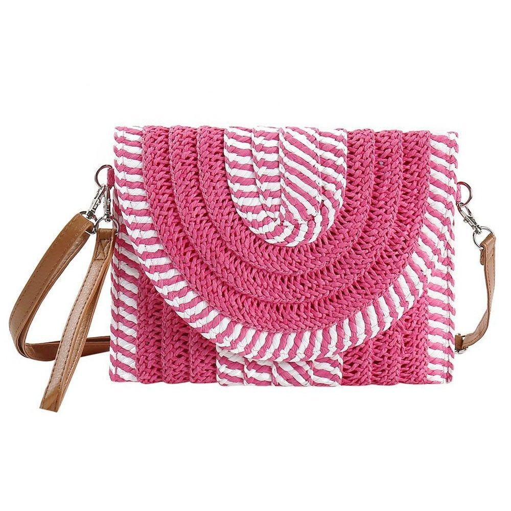 Women's Pink and White Striped Straw Crossbody Clutch Bag with Detachable Strap